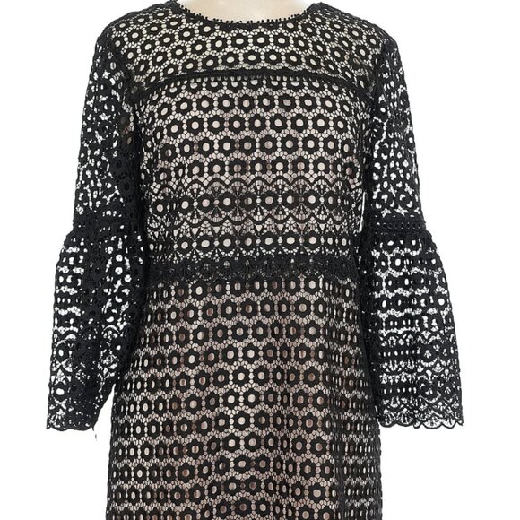 Holidays! J. Crew Black Daisy Lace Eyelet Bell Sleeve Mini Dress Women 10 EUC - Picture 2 of 11
